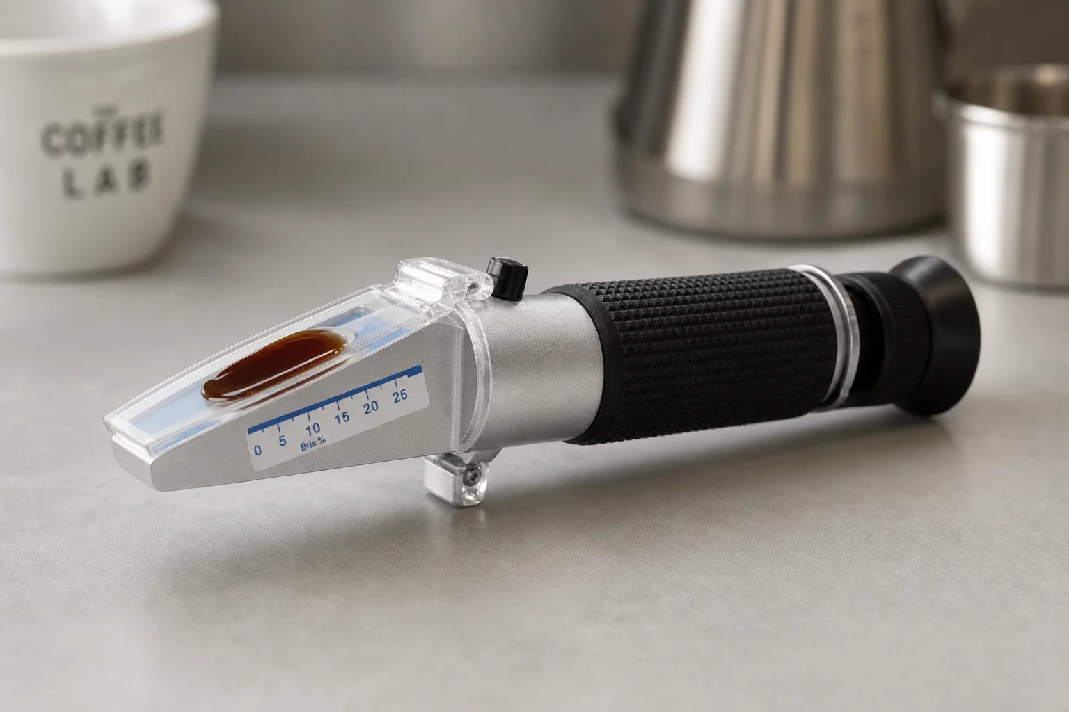 Refractometer measuring total dissolved solids in espresso sample