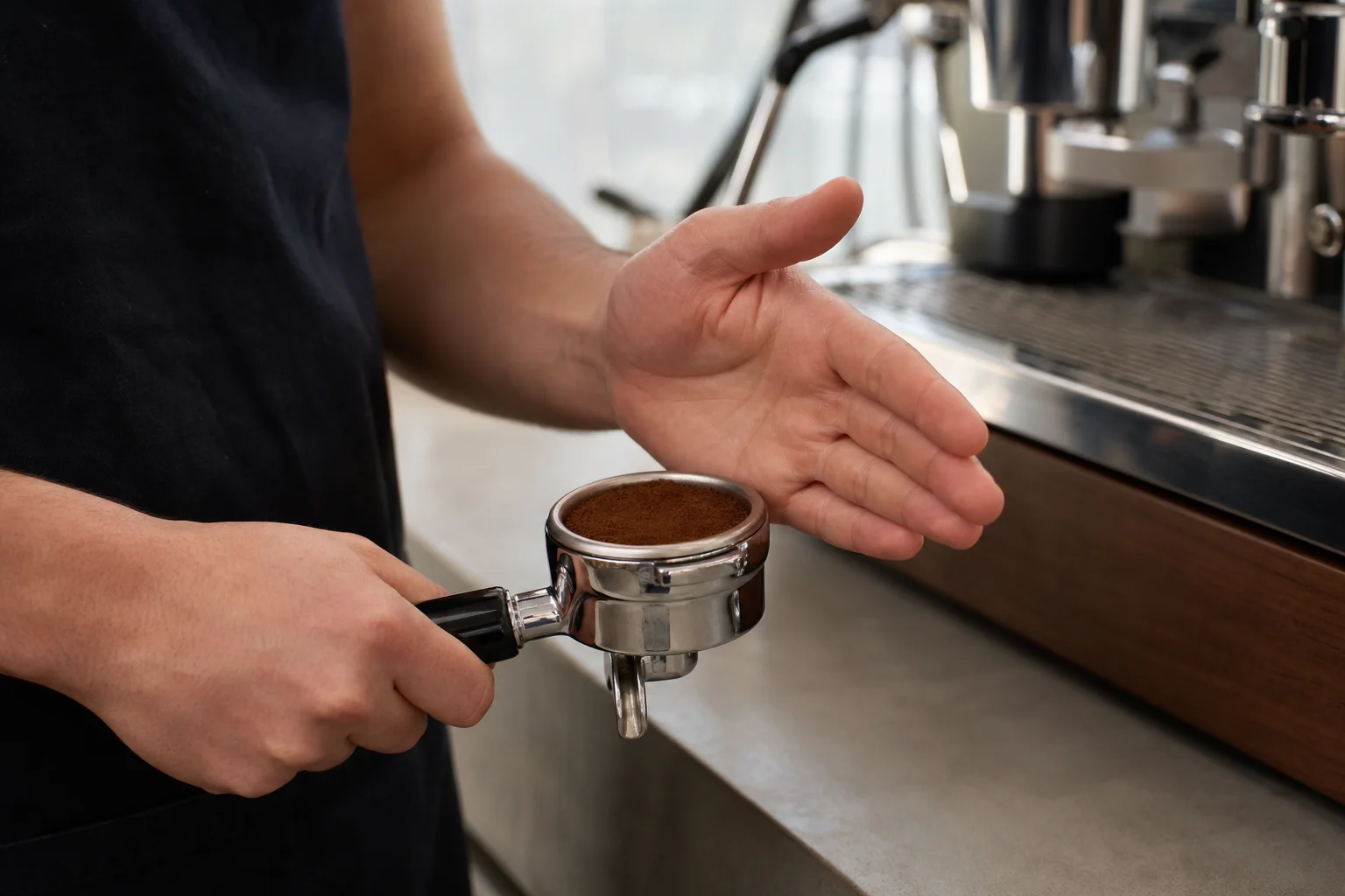 Barista performing palm tap distribution technique on espresso basket