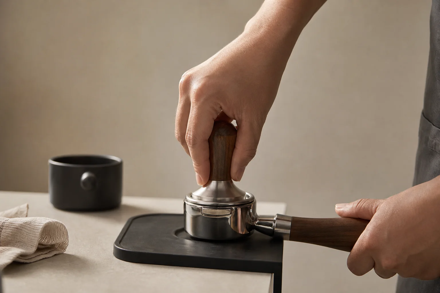 Barista tamping espresso grounds in a portafilter with consistent pressure