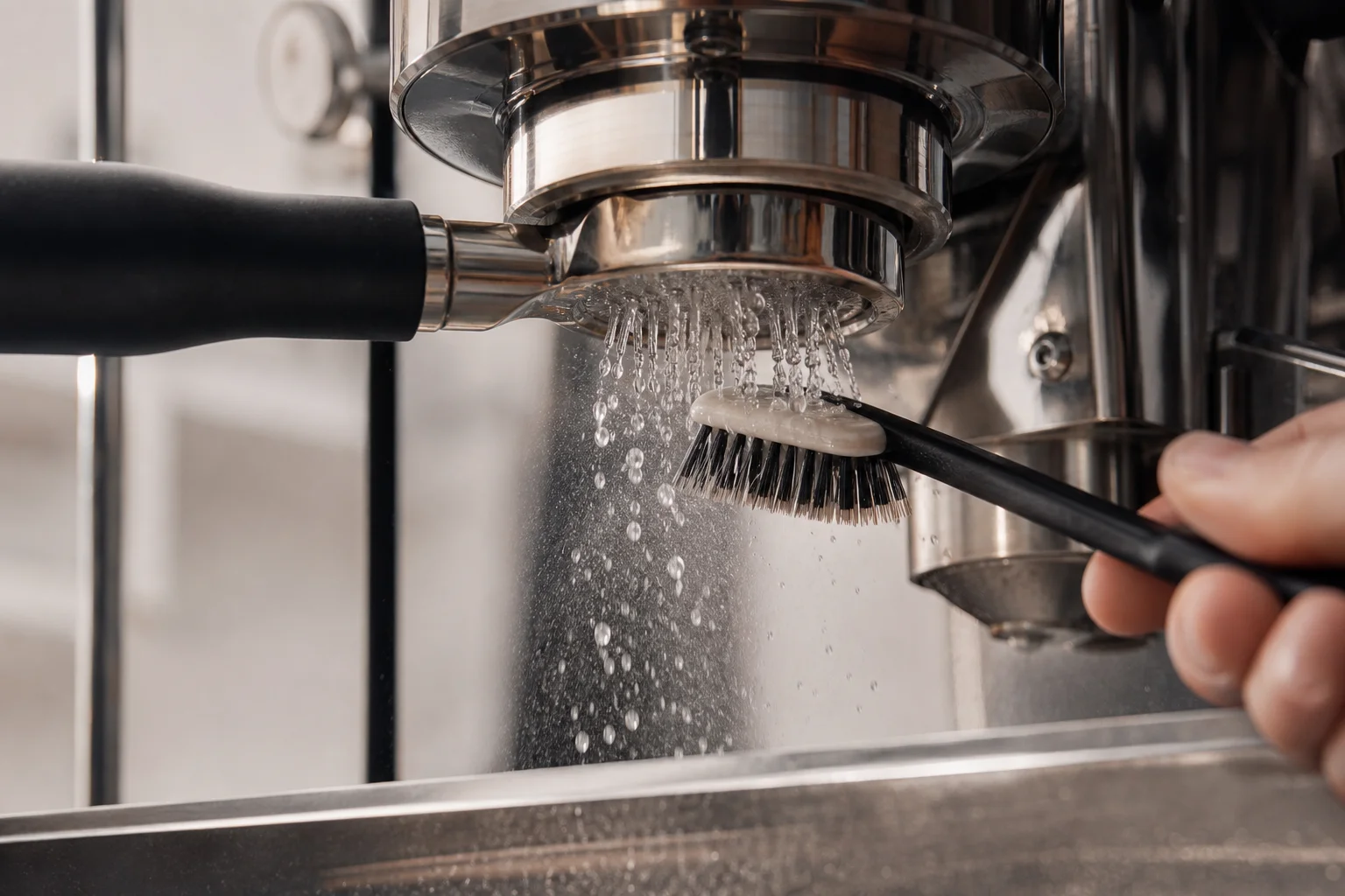 Espresso machine group head being cleaned with brush and water backflush