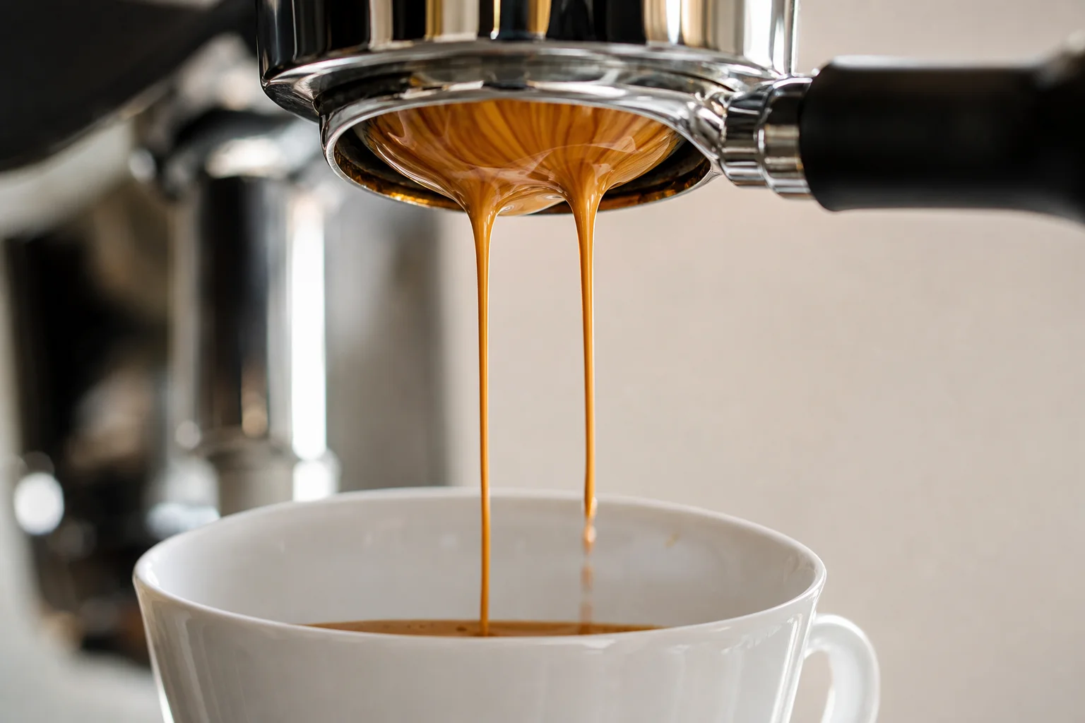 Close-up of espresso extraction showing rich crema and dark liquid flowing into a cup