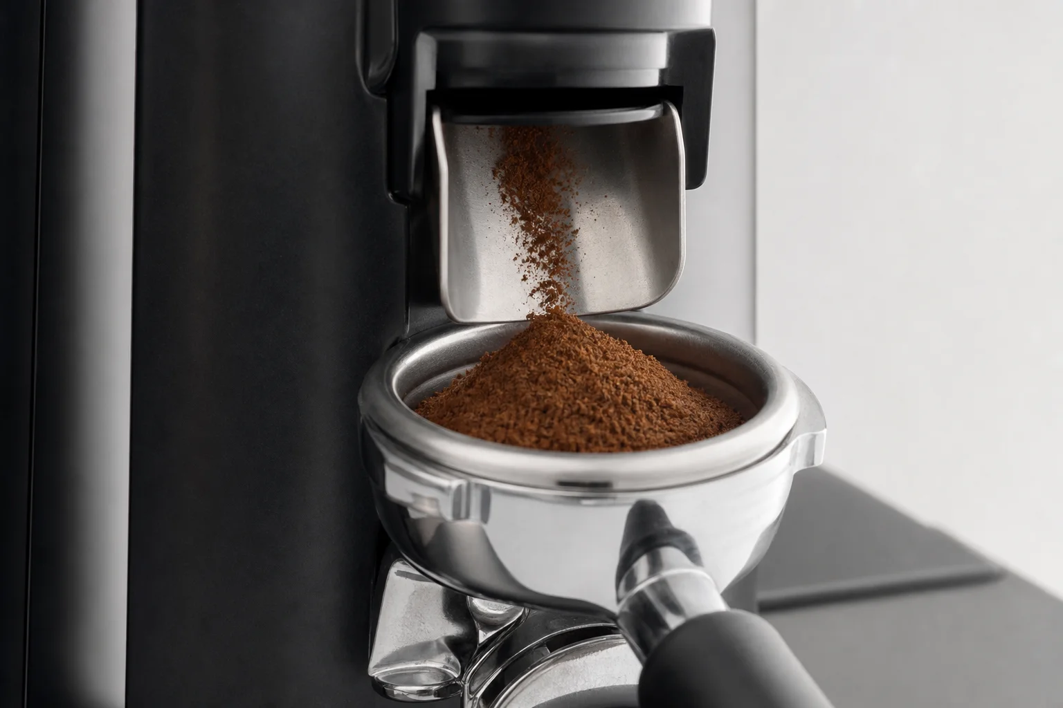 Integrated grinder dispensing freshly ground espresso directly into a portafilter
