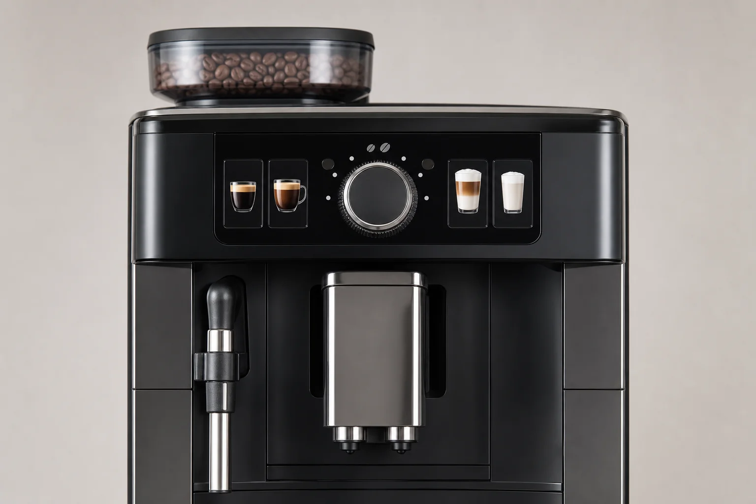 Super-automatic espresso machine display showing drink selection buttons and strength settings