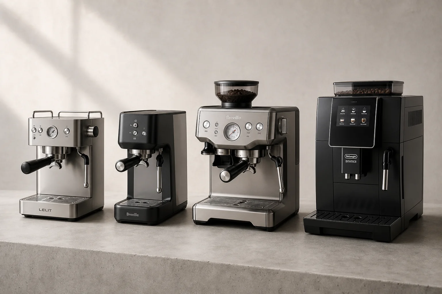 Four espresso machines displayed side by side on concrete surface