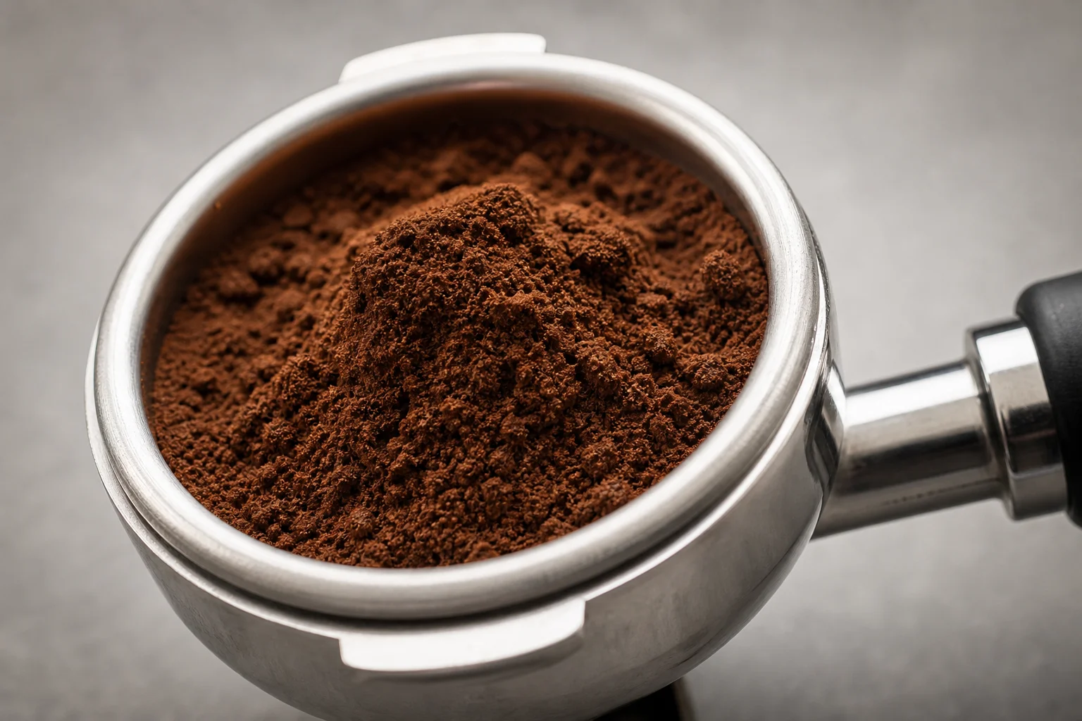 Close-up of uneven ground espresso coffee in portafilter basket