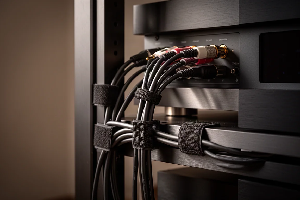 Rear of a hi-fi rack with cables bundled neatly using hook-and-loop straps