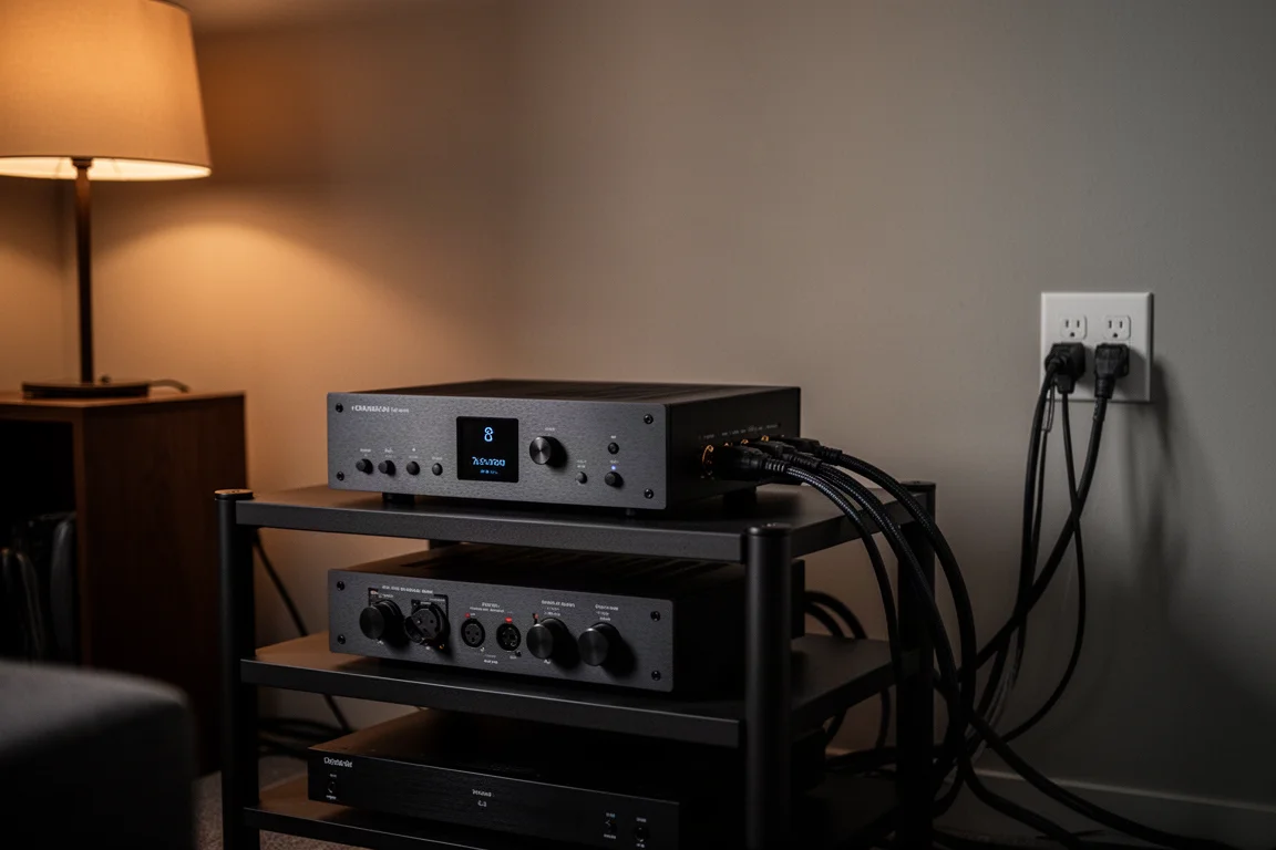Power conditioner on the bottom shelf of a rack with cables running to the wall