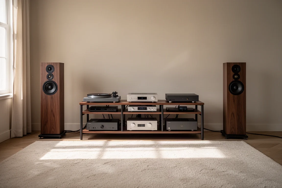 Listening room with an open-frame rack, stand-mounted speakers, and a rug