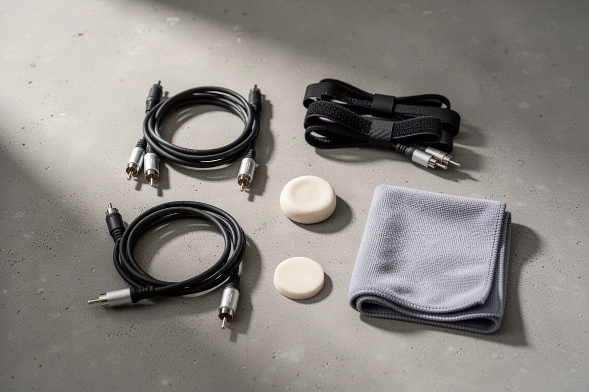 Flat-lay of RCA cables, cable straps, adhesive putty, and a cloth on concrete