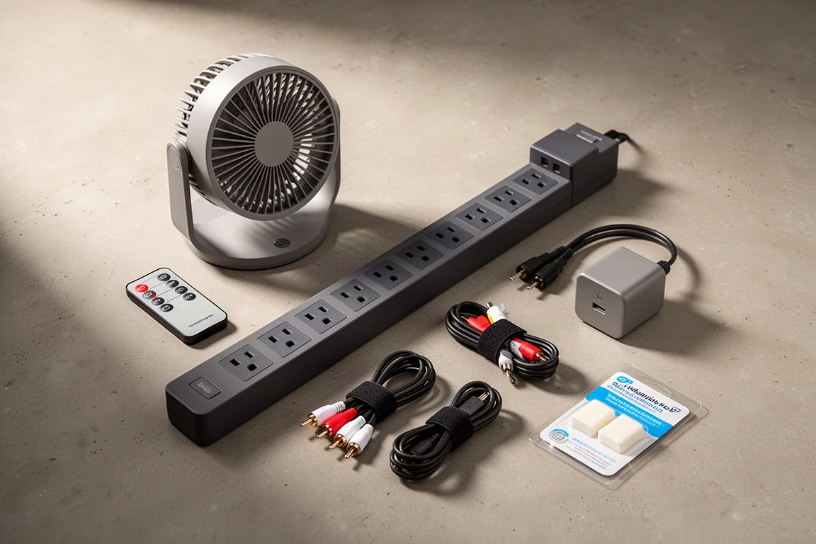 Flat-lay of audiophile accessories including a fan, power strip, RCA cables, charger, and putty
