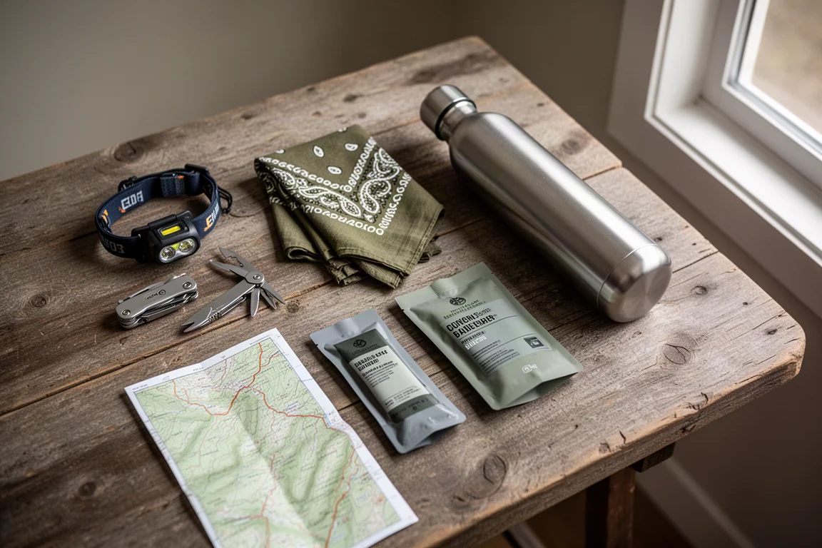 Platt uppställning av backpacking-nödvändigheter arrangerade på ett väderbitet träbord