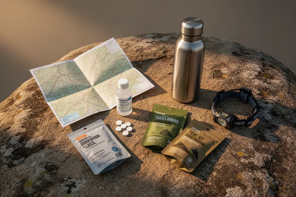 Backpacking essentials including a map, food pouches, headlamp and water bottle on sandstone