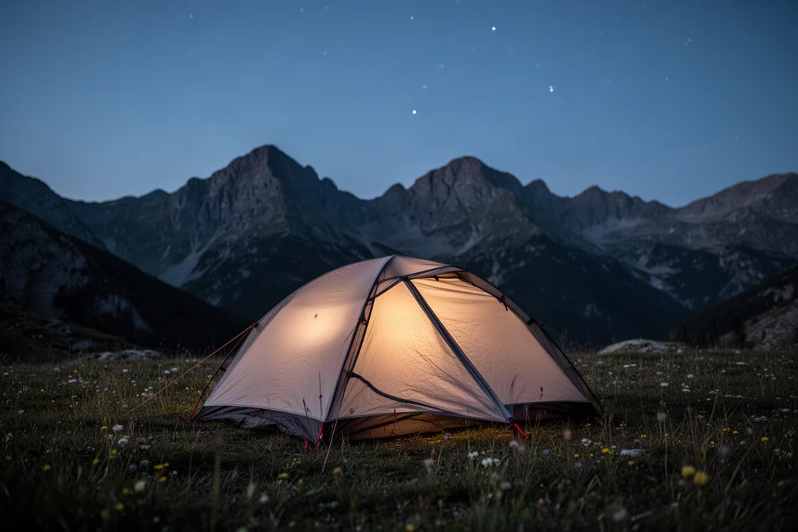 Lättviktstält för backpacking uppsatt på en alpäng i skymningen med stjärnor som tittar fram