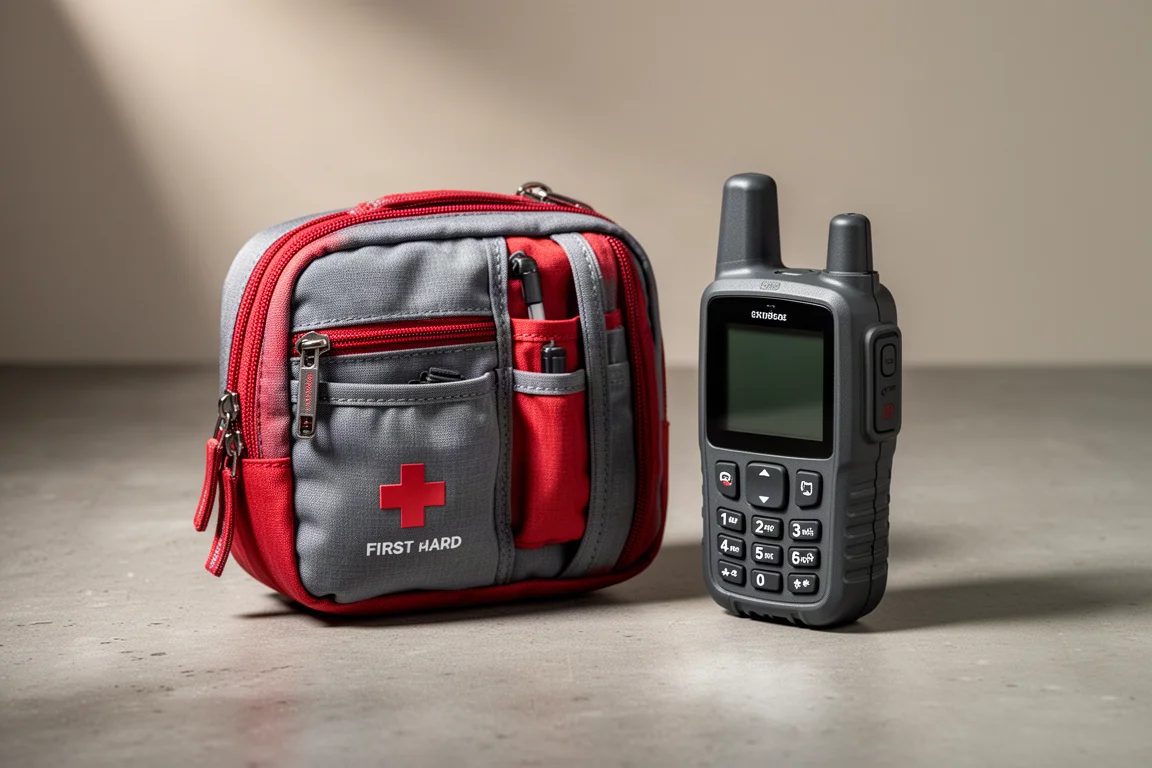 First aid kit pouch and handheld satellite communicator on a concrete surface