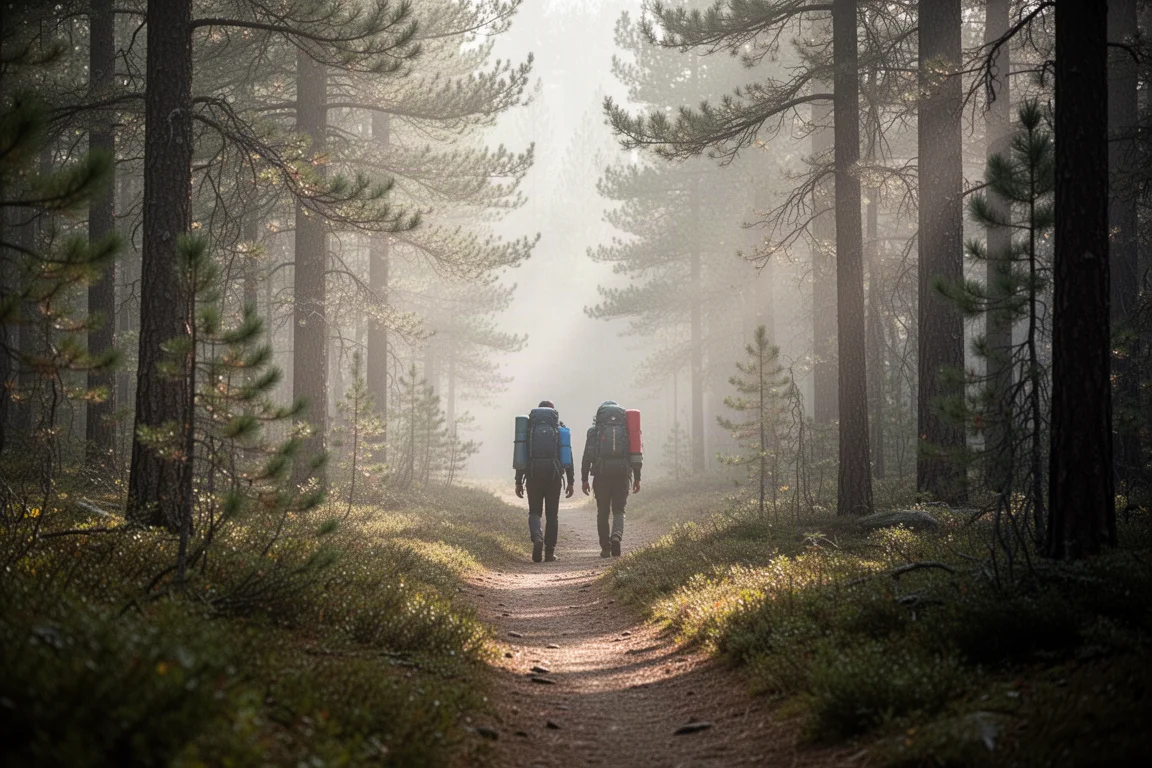 Rucksackwanderer auf einem Hochgebirgskammweg im weichen Licht des frühen Morgens