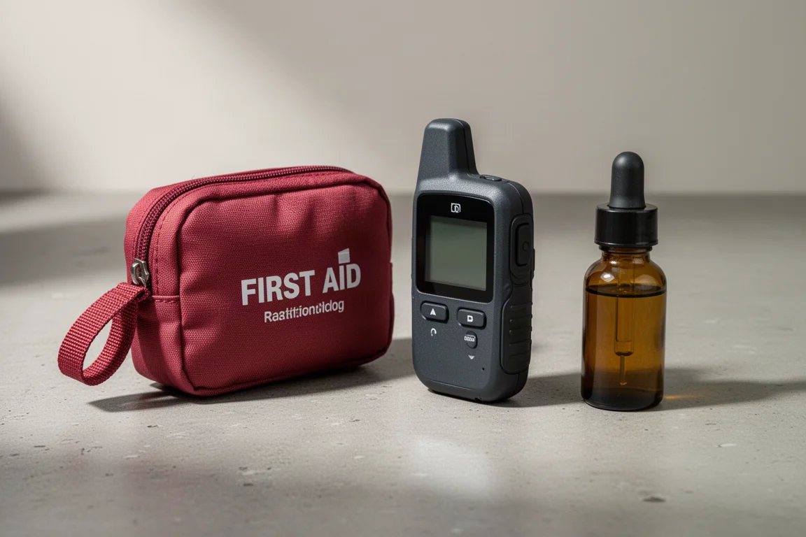 First aid pouch, handheld satellite communicator and water treatment dropper bottles on concrete