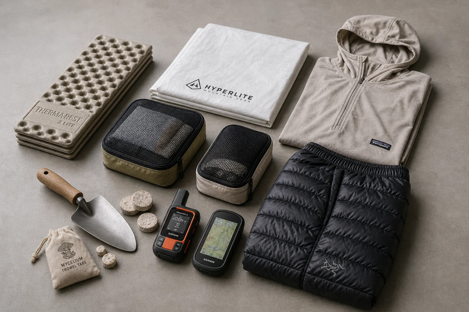 Collezione di attrezzatura da bikepacking tra cui un cuscinetto per sedersi, una maglia anti-UV, pantaloni in piuma e dispositivi GPS su cemento