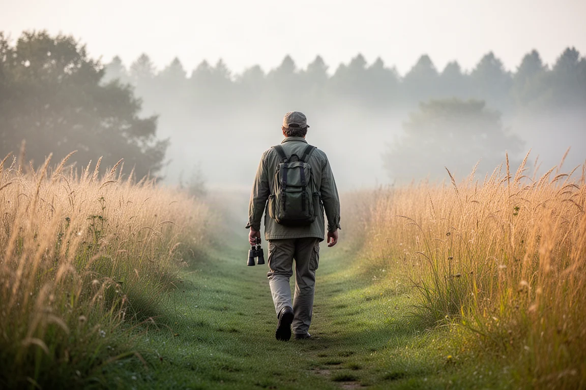 Bird watcher walking a grassland trail in soft morning light with binoculars