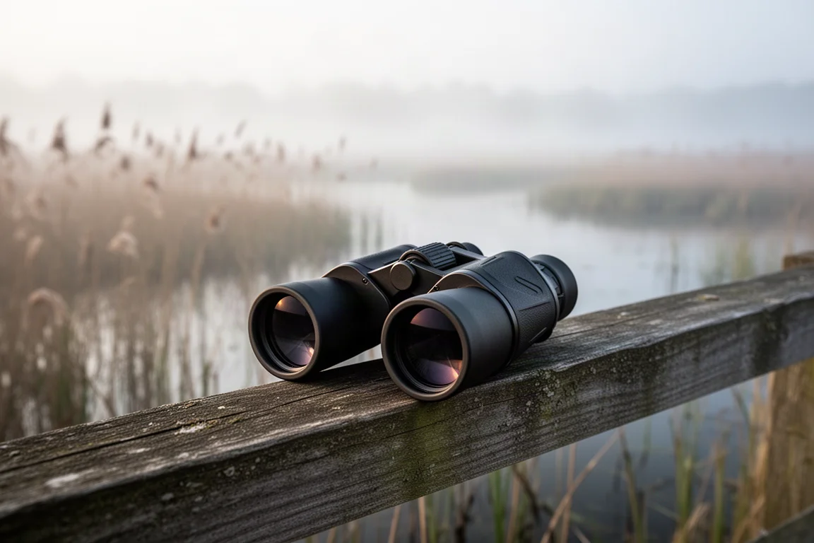 Close-up of binoculars resting on a wooden fence overlooking a wetland