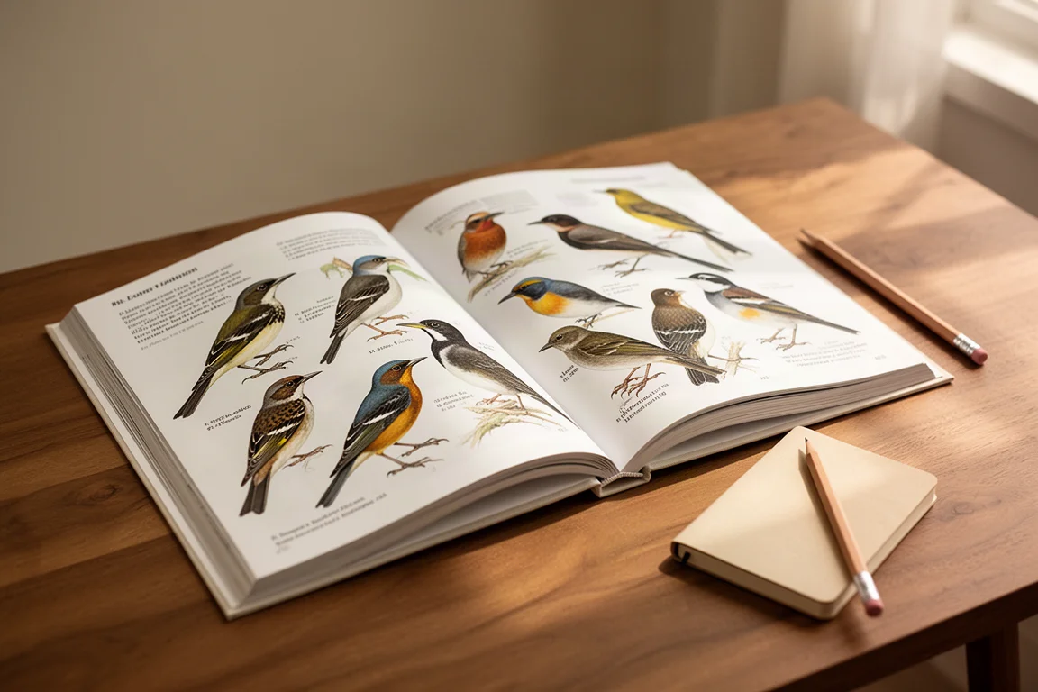 Open field guide with bird illustrations beside a notebook on a wooden table