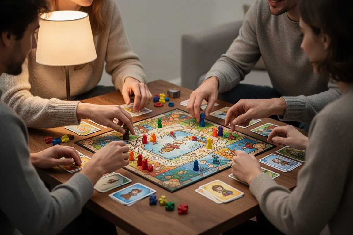 Friends gathered around a table playing a board game with illustrated bird cards