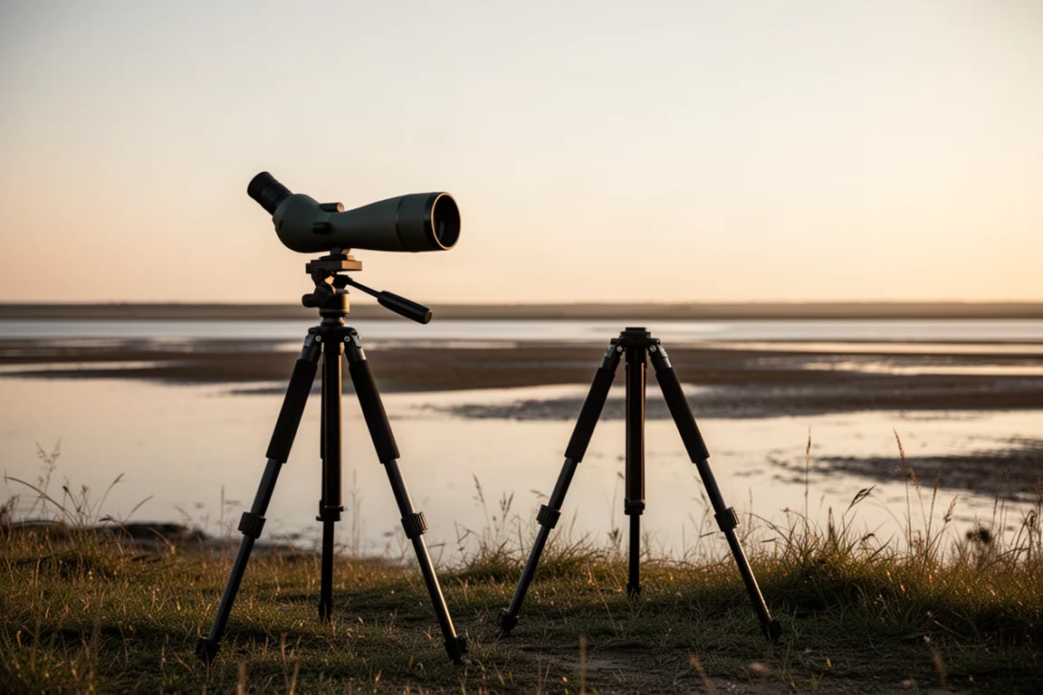 Kikarsikte på stativ med utsikt över en avlägsen strandlinje
