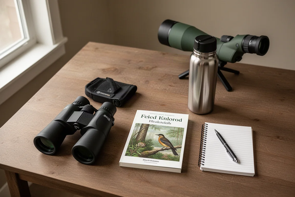 Flat-Lay mit Fernglas, Bestimmungsbuch, Wasserflasche, Notizbuch und Spektiv auf einem Holztisch