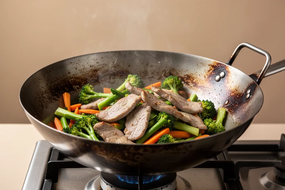 Stir-fry being tossed in a carbon steel wok over a hot flame