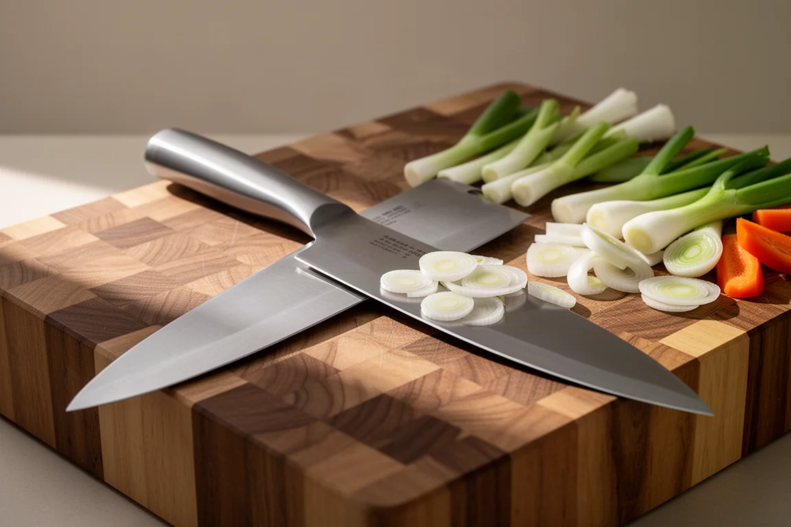 Cleaver resting on a wooden cutting board beside sliced vegetables