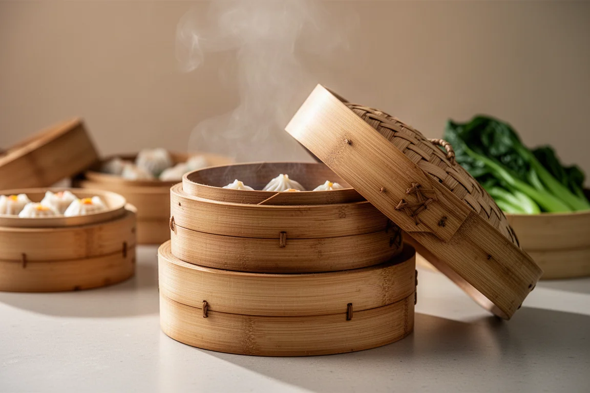 Stacked bamboo steamer releasing steam in a kitchen