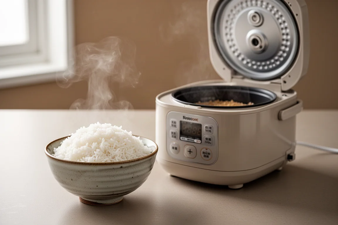 Bowl of freshly steamed white rice beside a countertop rice cooker