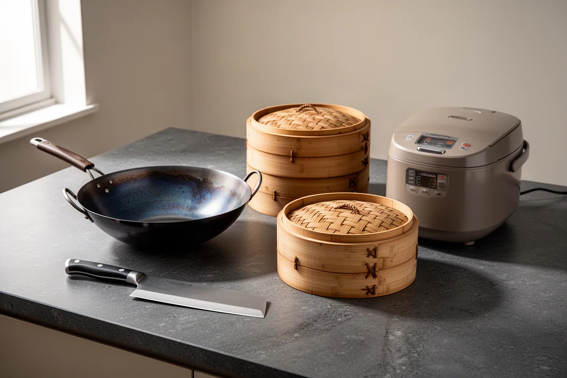 Carbon steel wok, cleaver, bamboo steamer, and rice cooker on a kitchen counter