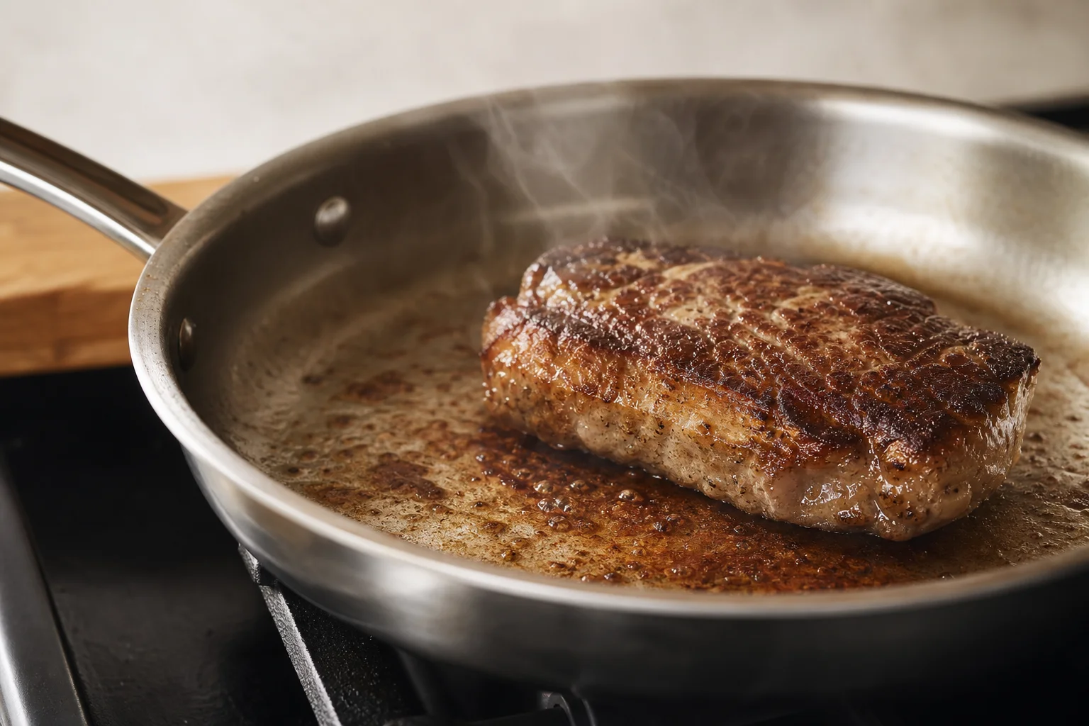 Koch beim Anbraten von Fleisch in einer Edelstahl-Bratpfanne mit sichtbarem Bratensatz