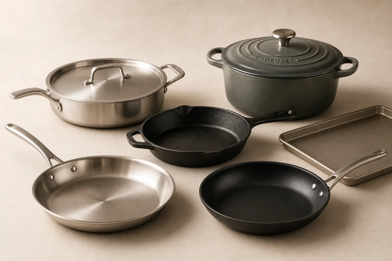 En samling köksutrustning inklusive stekpanna, sauteringspanna, gjutjärnspanna, non-stick-panna, bakplåt och gjutjärnsgryta