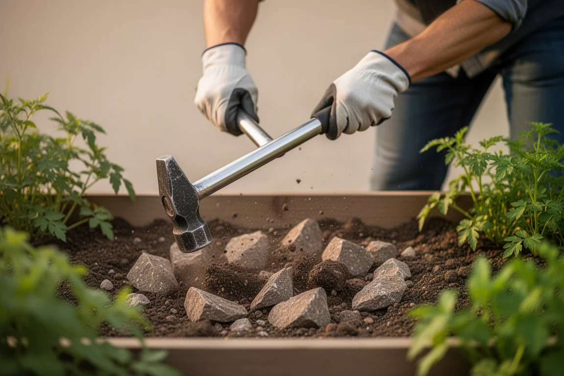 Jardinero usando un martillo de mango largo para soltar la tierra en un huerto
