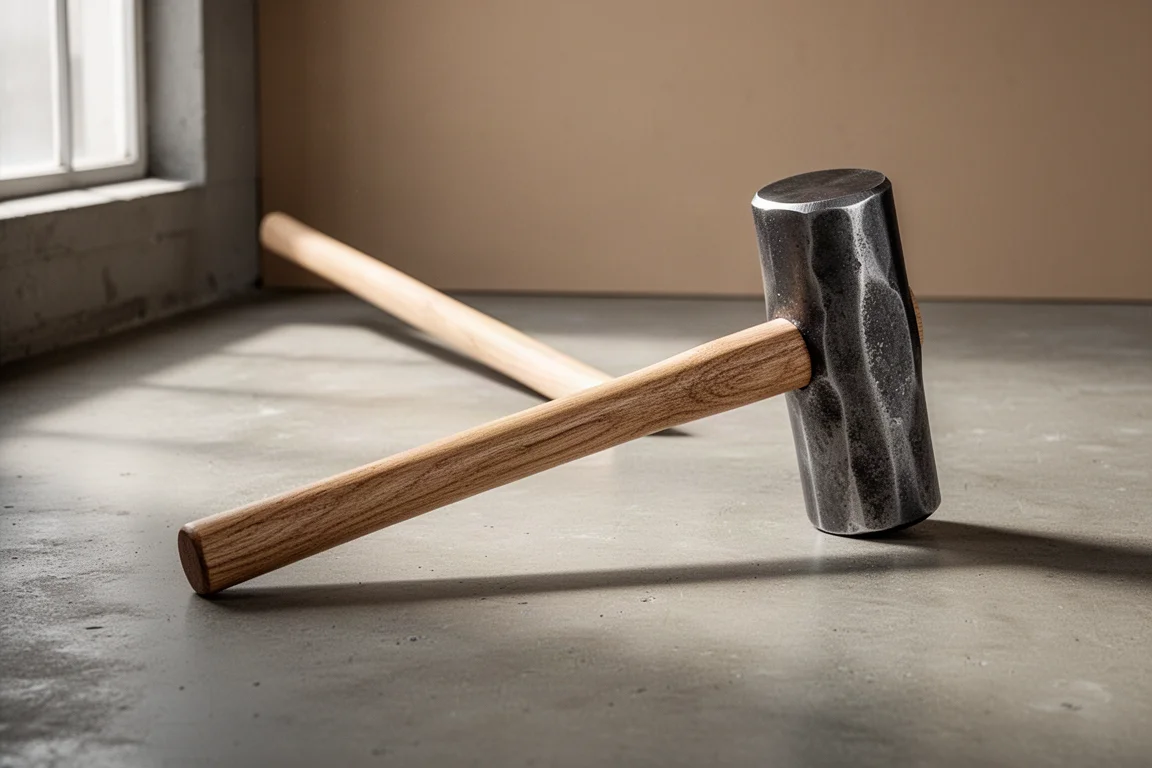Forged single jack hammer with wooden handle on concrete workshop floor