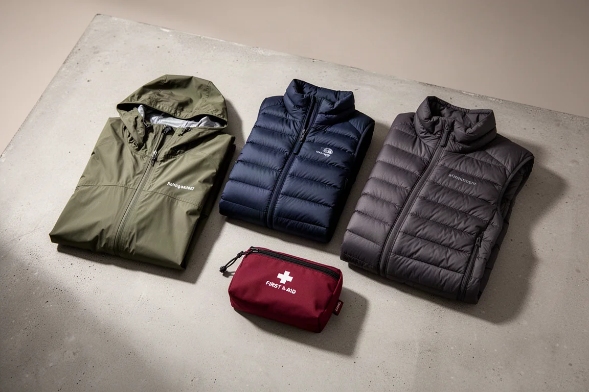 Day hiking layers and a small first aid pouch arranged on a concrete surface