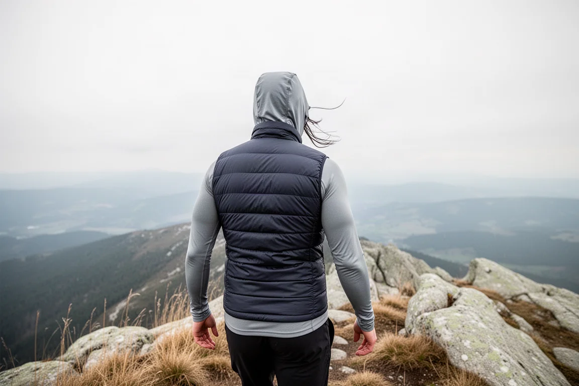 Vandrare bakifrån på en exponerad hög bergskam iklädd en slimmad dunväst över ett baslager