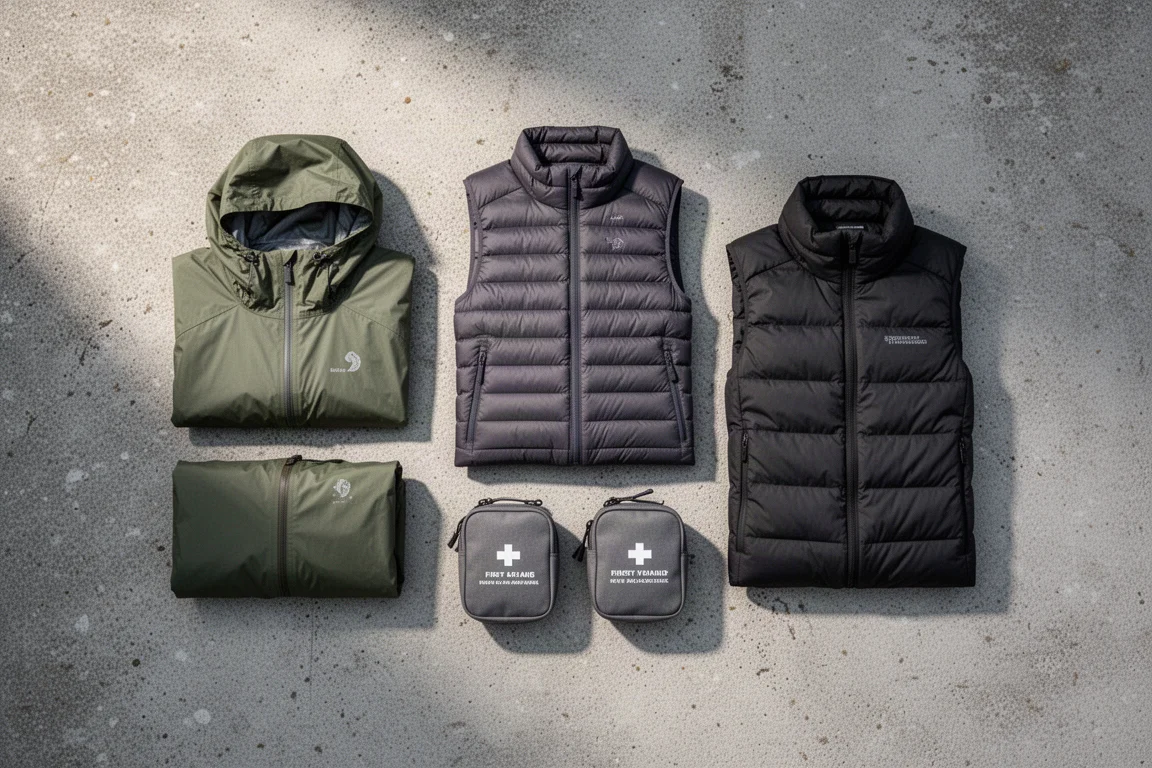 Day hiking essentials flat-lay with rain shell, down vest, synthetic jacket and first aid kits