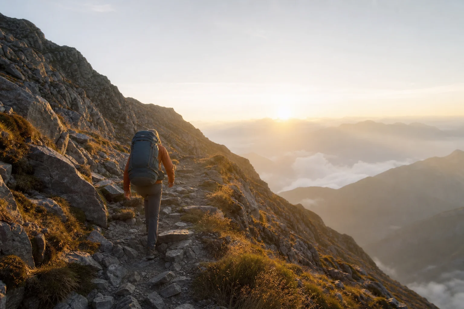 Senderista con mochila cargada ascendiendo por un sendero de montaña al amanecer