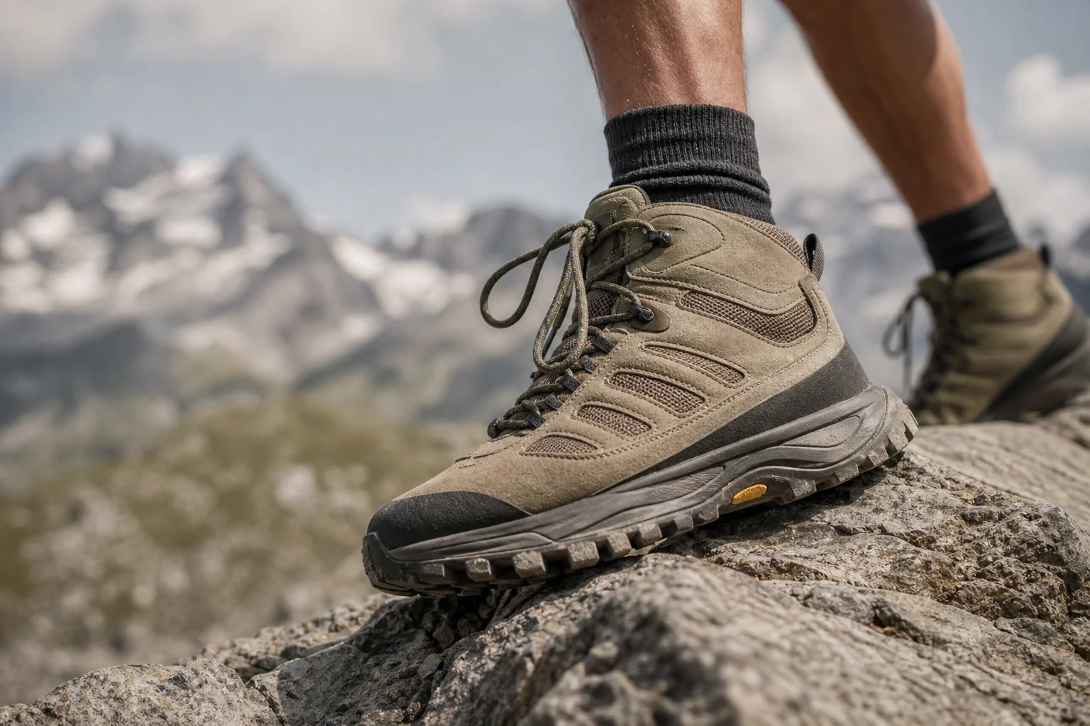 Primer plano de botas de senderismo en terreno alpino rocoso