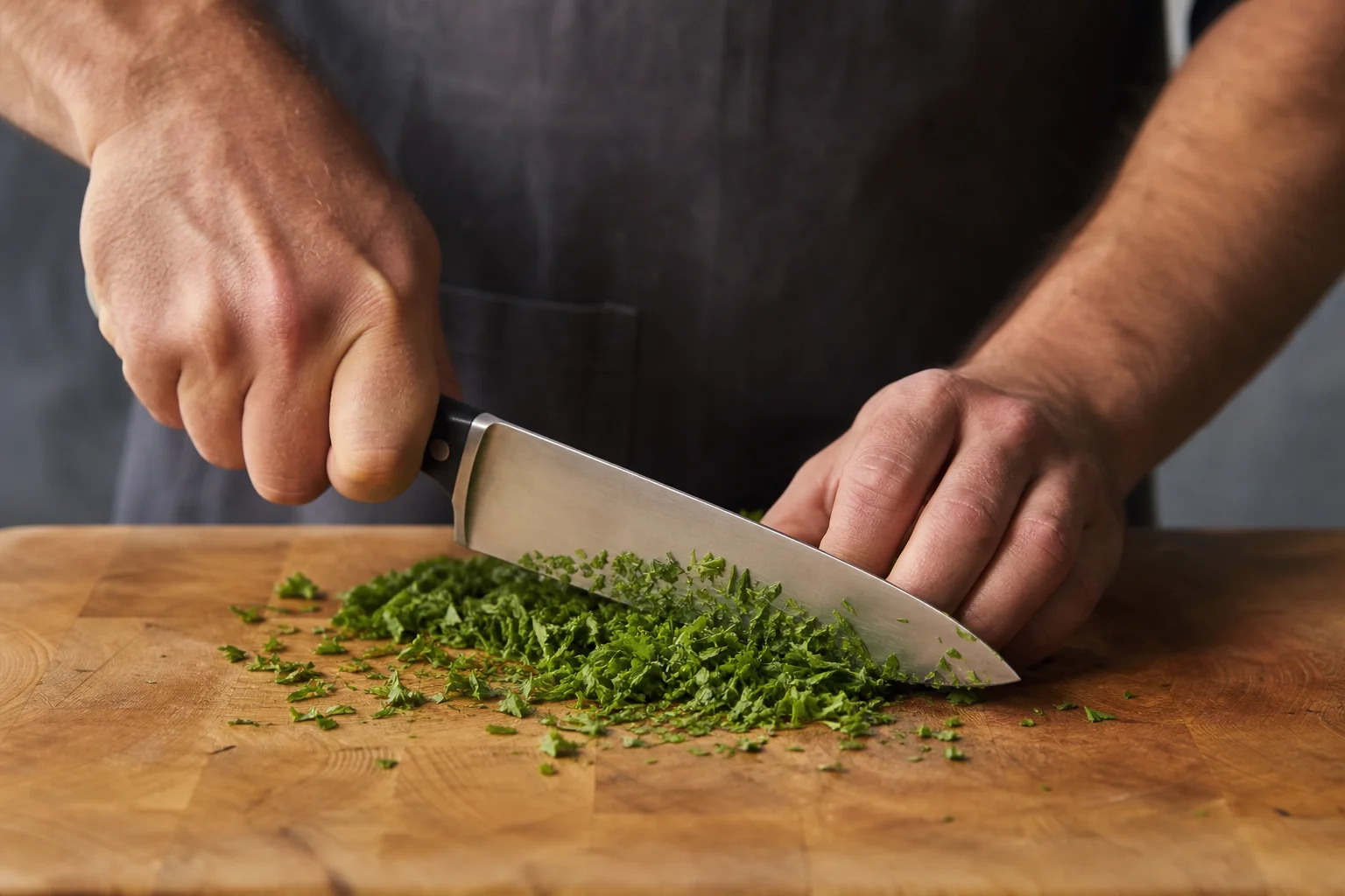 Chef's hands mincing fresh herbs on a wooden cutting board
