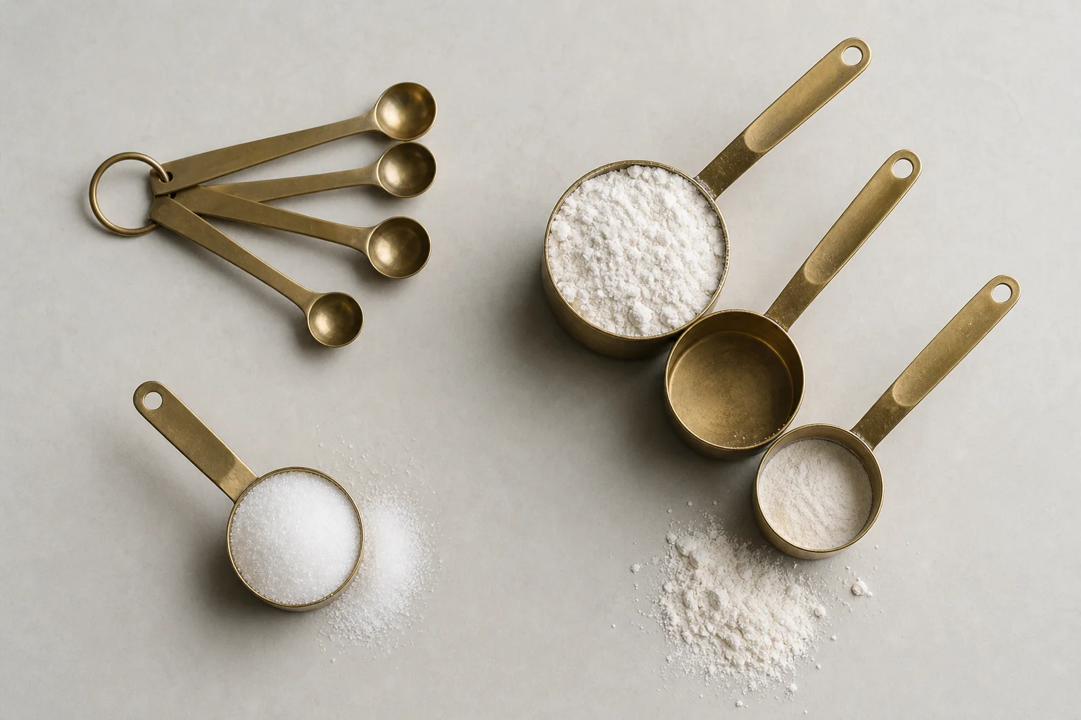 Measuring spoons and cups with flour and sugar