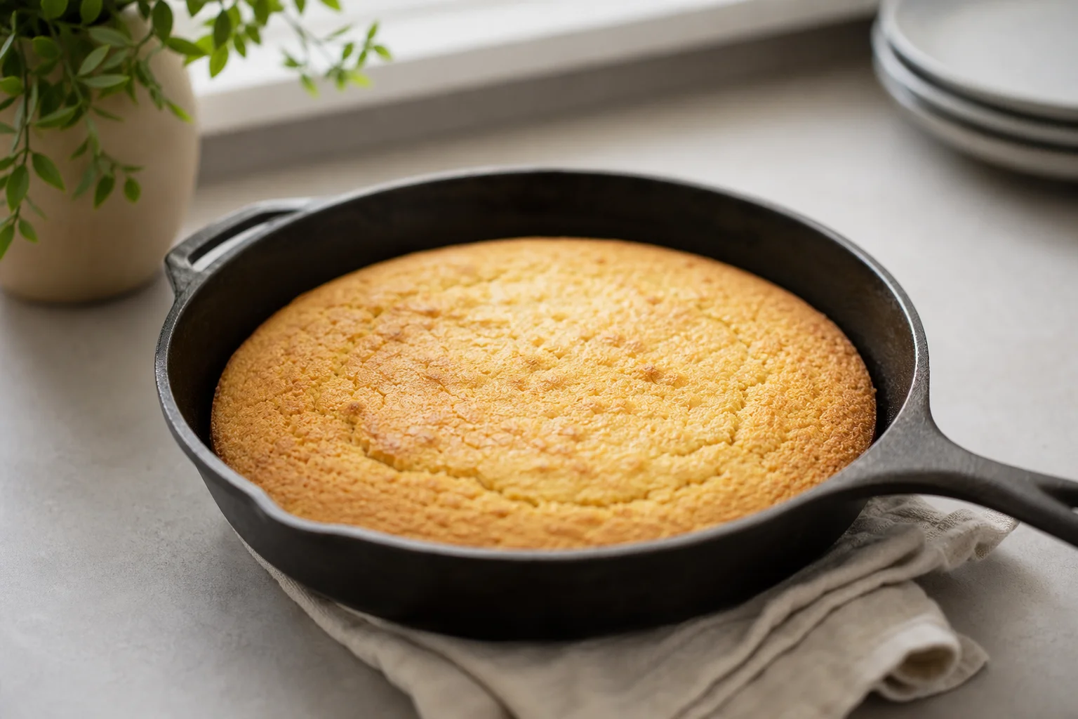 Cast iron skillet with cornbread cooling on kitchen counter