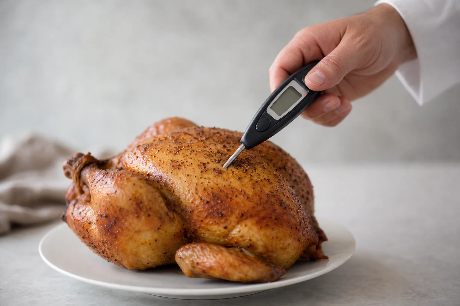 Chef using instant-read thermometer on roasted chicken