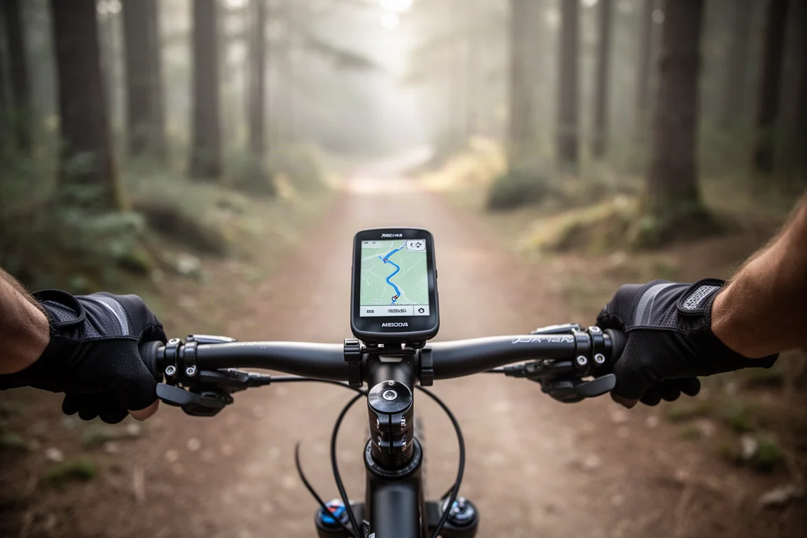 라이딩 중 핸들바에서 GPS 사이클링 컴퓨터를 확인하는 사이클리스트
