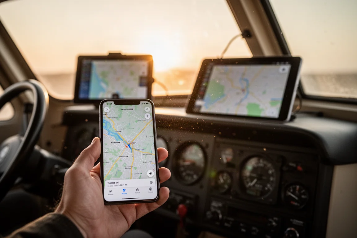 Pilot som kontrollerar kartor på en smartphone i cockpit med en iPad monterad på panelen