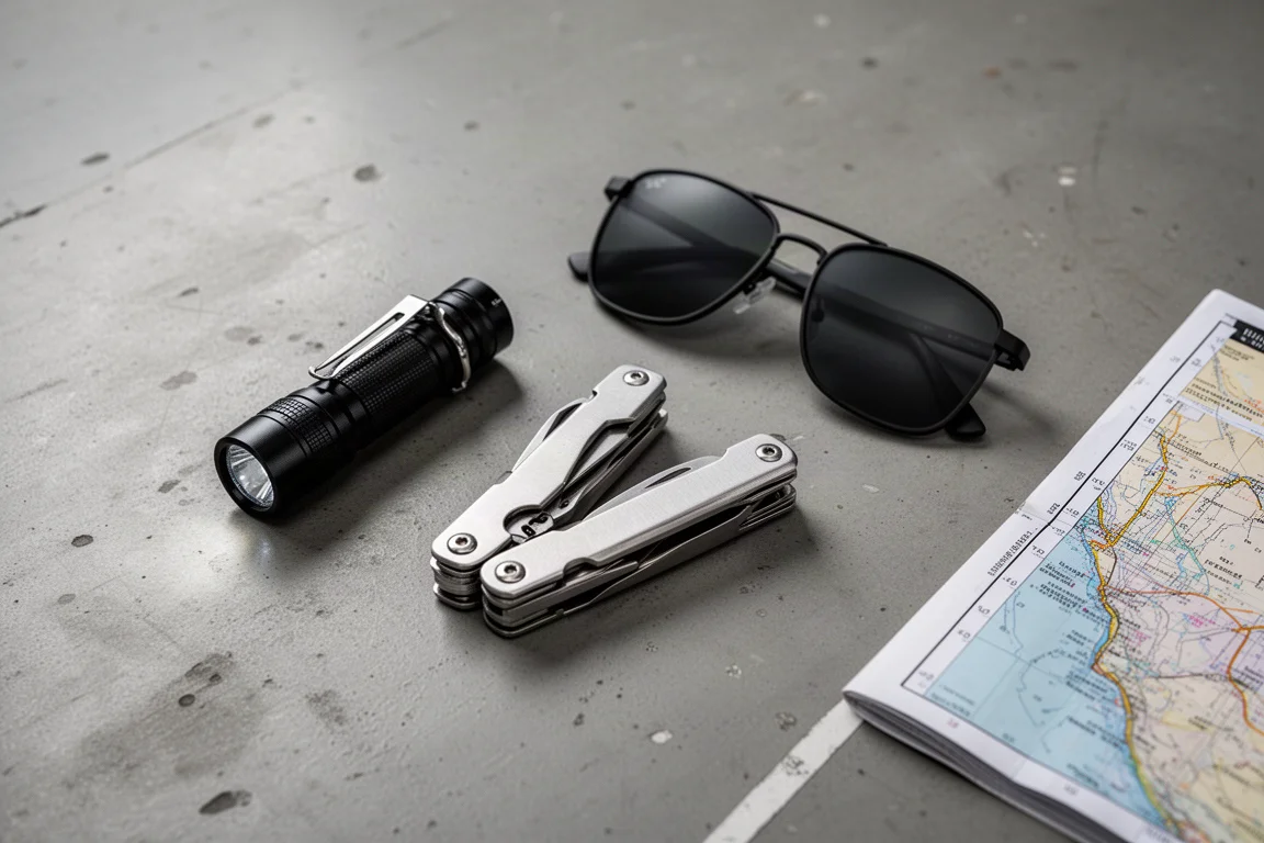 Flat-lay di una torcia tascabile, multi-tool, occhiali da sole e carta aeronautica sul pavimento dell'hangar