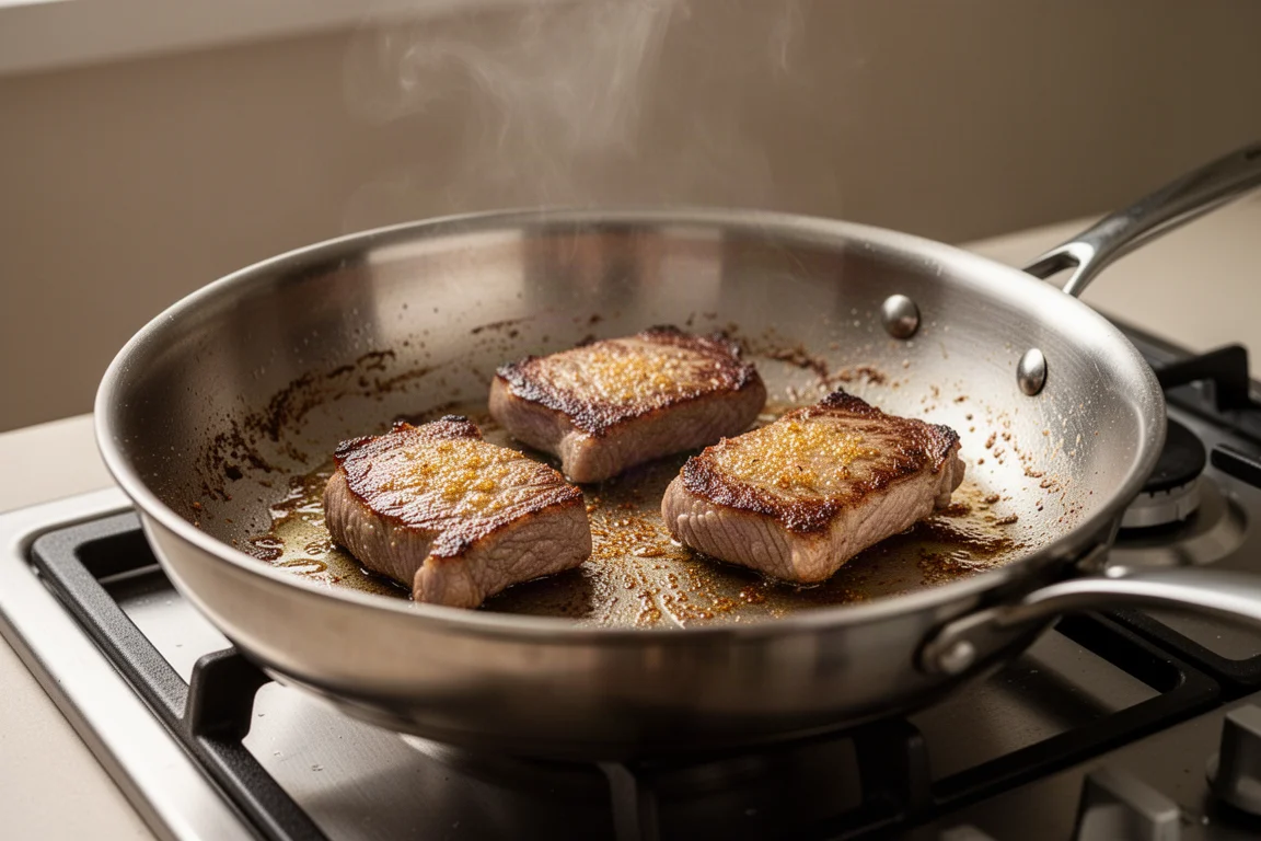 Stainless steel frying pan searing meat with browned bits on the pan surface