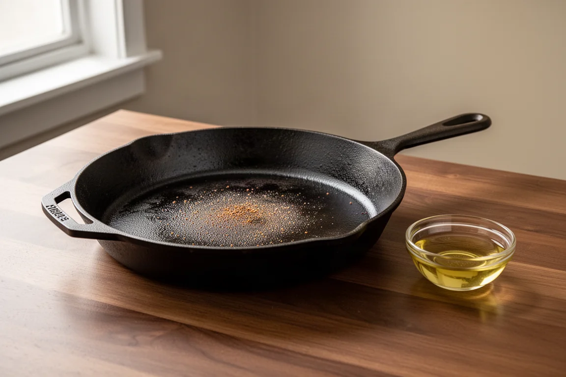 Cast iron skillet resting on a rustic wooden kitchen counter